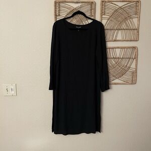 Eileen Fisher Black Bateau Neck Dress Georgette Crepe High Slits‎ $318 Sz M B10